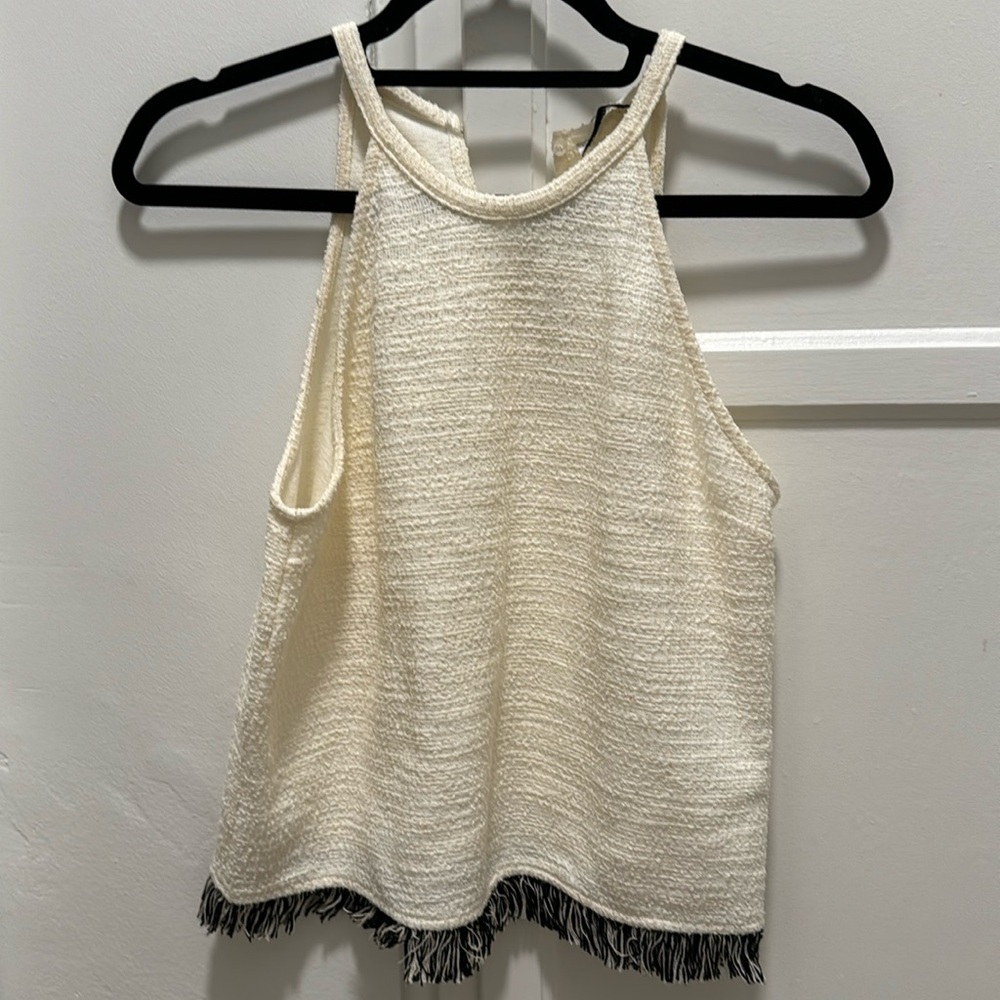 NWT zara cream tank with black fringe bottom small chic